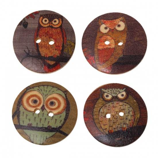Picture of Wood Sewing Buttons Scrapbooking Round At Random Mixed 2 Holes Halloween Owl Pattern 3cm(1 1/8") Dia, 50 PCs