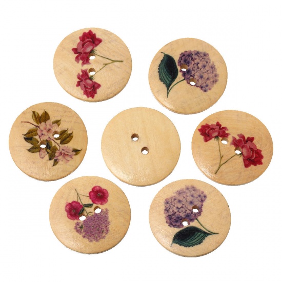 Picture of Wood Sewing Buttons Scrapbooking Round At Random Mixed 2 Holes Flower Pattern 3cm Dia, 20 PCs