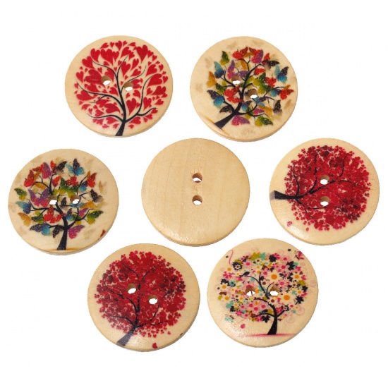 Picture of Wood Sewing Buttons Scrapbooking Round At Random Mixed 2 Holes Tree Pattern 3cm(1 1/8") Dia, 20 PCs
