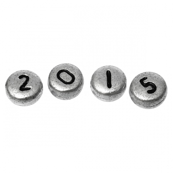 Picture of Acrylic Spacer Beads Flat Round Silver Tone At Random Mixed Number Pattern About 7mm Dia, Hole: Approx 1mm, 500 PCs
