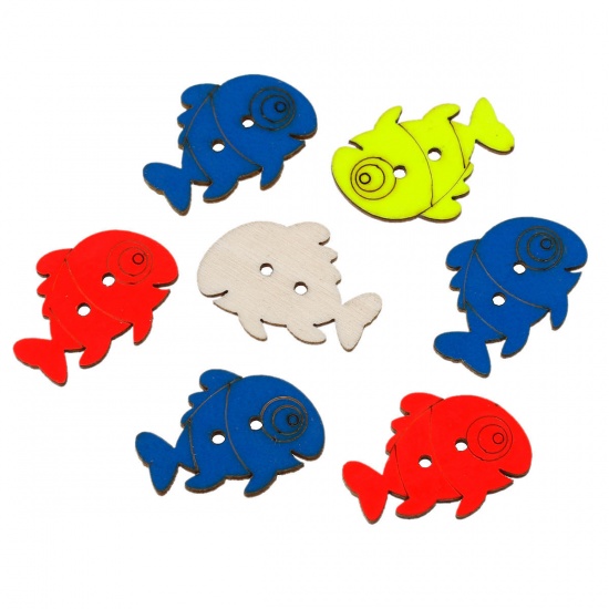 Picture of Natural Wood Sewing Button Scrapbooking Fish At Random Mixed 2 Holes 28mm(1 1/8") x 21mm( 7/8"), 50 PCs