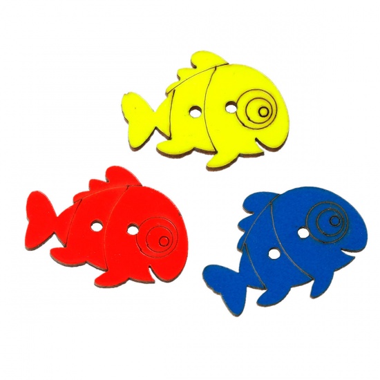 Picture of Natural Wood Sewing Button Scrapbooking Fish At Random Mixed 2 Holes 28mm(1 1/8") x 21mm( 7/8"), 50 PCs