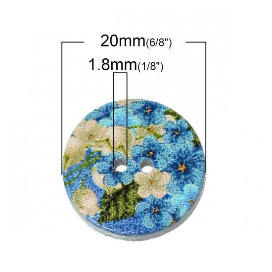 Picture of Natural Wood Sewing Buttons Scrapbooking Round At Random Mixed 2 Holes Flower Pattern 20mm( 6/8") Dia, 100 PCs