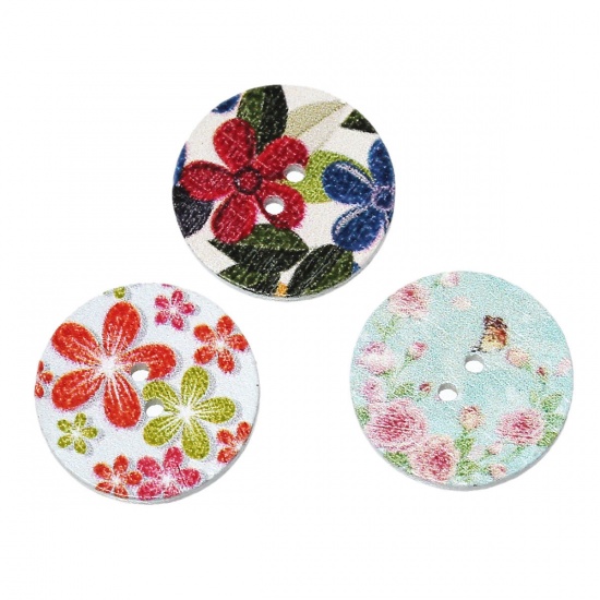 Picture of Natural Wood Sewing Buttons Scrapbooking Round At Random Mixed 2 Holes Flower Pattern 20mm( 6/8") Dia, 100 PCs