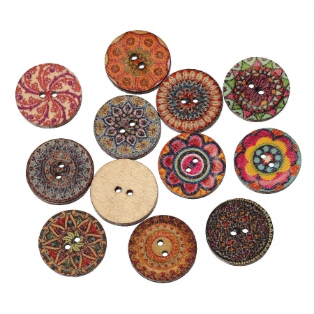 Natural Wood Sewing Buttons Scrapbooking Round At Random Mixed 2 Holes 20mm( 6/8") Dia, 100 PCs