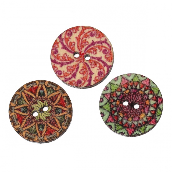 Picture of Wood Sewing Buttons Scrapbooking Round At Random Mixed 2 Holes 20mm( 6/8") Dia, 100 PCs