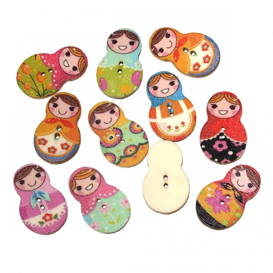 Picture of Wood Sewing Buttons Scrapbooking Russian Dolls At Random Mixed 2 Holes 30mm(1 1/8") x 19mm( 6/8"), 100 PCs