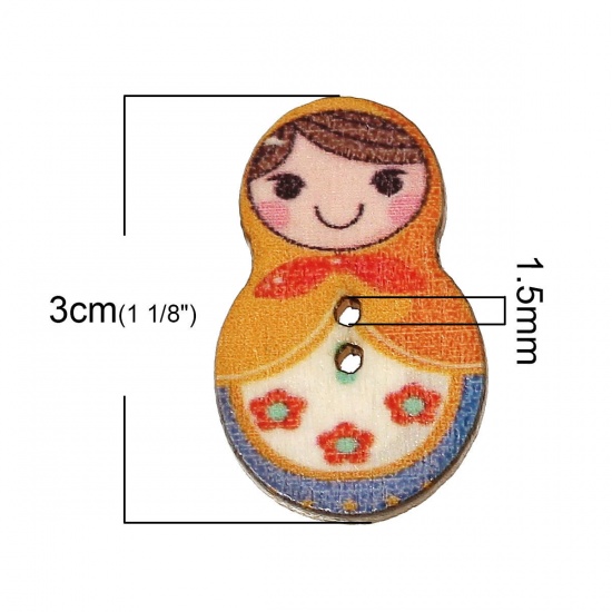 Picture of Natural Wood Sewing Buttons Scrapbooking Russian Dolls At Random Mixed 2 Holes 30mm(1 1/8") x 19mm( 6/8"), 100 PCs