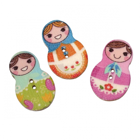 Picture of Natural Wood Sewing Buttons Scrapbooking Russian Dolls At Random Mixed 2 Holes 30mm(1 1/8") x 19mm( 6/8"), 100 PCs