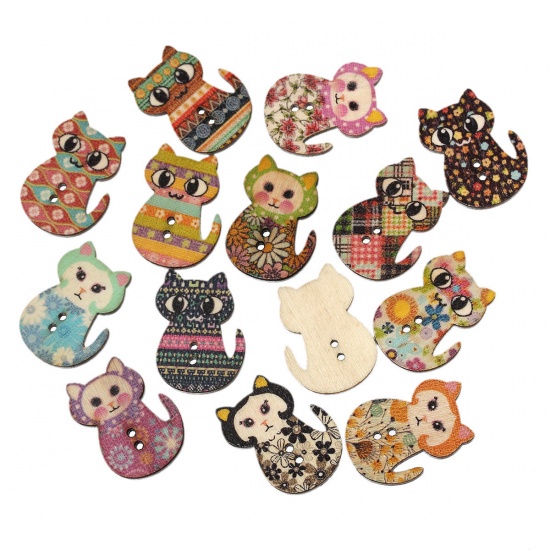 Picture of Wood Sewing Buttons Scrapbooking Cat At Random Mixed 2 Holes 30mm(1 1/8") x 23mm( 7/8"), 100 PCs