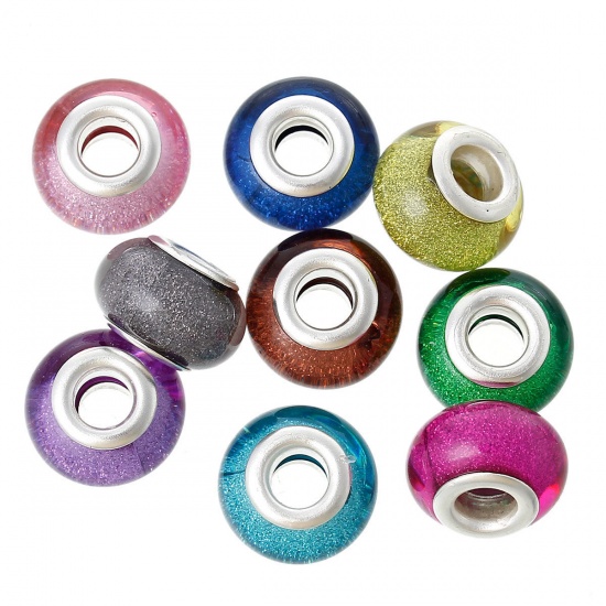 Picture of Resin European Style Large Hole Charm Beads Round At Random Mixed Silver Tone Core Glitter About 14mm x 9mm, Hole: Approx 5.1mm, 20 PCs