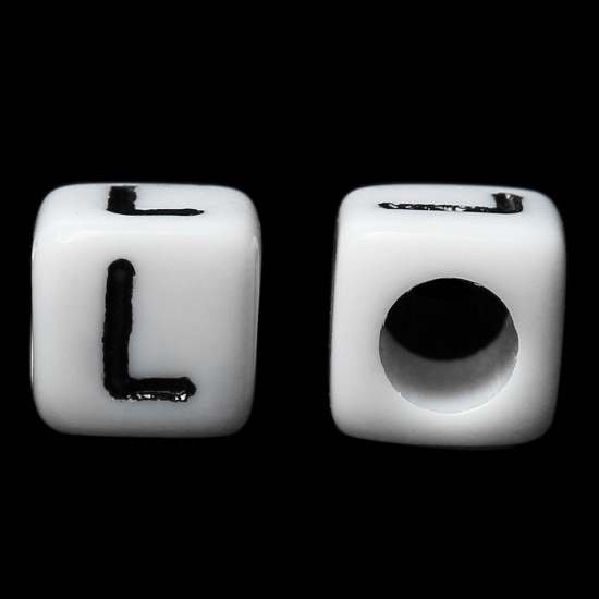 Picture of Acrylic Spacer Beads Cube White & Black Alphabet/ Letter "L" About 6mm x 6mm, Hole: Approx 3.5mm, 500 PCs