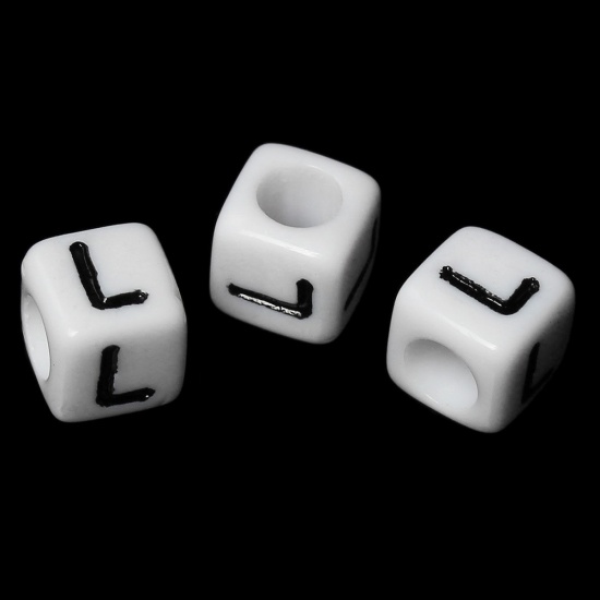 Picture of Acrylic Spacer Beads Cube White & Black Alphabet/ Letter "L" About 6mm x 6mm, Hole: Approx 3.5mm, 500 PCs