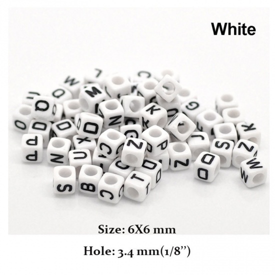 Picture of Acrylic Spacer Beads Cube White & Black Alphabet/ Letter "L" About 6mm x 6mm, Hole: Approx 3.5mm, 500 PCs