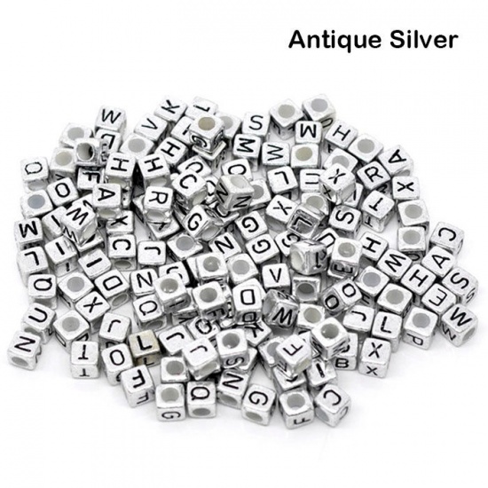 Picture of Acrylic Spacer Beads Cube White & Black Alphabet/ Letter "L" About 6mm x 6mm, Hole: Approx 3.5mm, 500 PCs