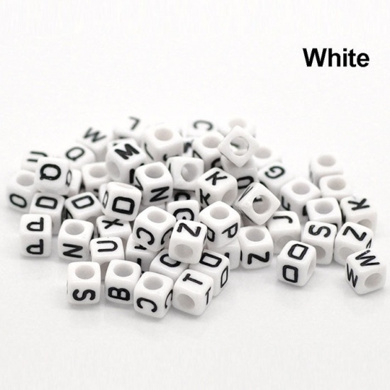 Picture of Acrylic Spacer Beads Cube White & Black Alphabet/ Letter "L" About 6mm x 6mm, Hole: Approx 3.5mm, 500 PCs