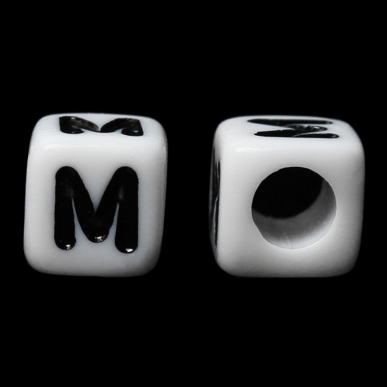 Picture of Acrylic Spacer Beads Cube White & Black Alphabet/ Letter "M" About 6mm x 6mm, Hole: Approx 3.5mm, 500 PCs