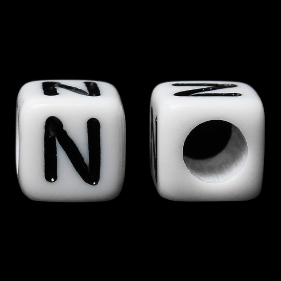 Imagen de Cuentas Acrílico Cubo Blanco & Negro Letra "N" 6mm x 6mm, Agujero: acerca de 3.5mm, 500 Unidades