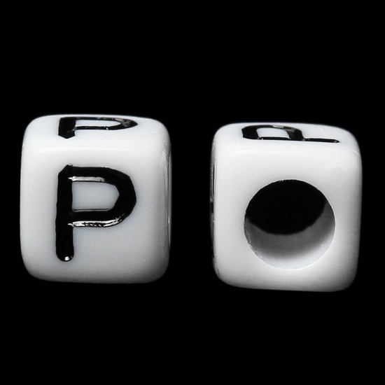 Picture of Acrylic Spacer Beads Cube White & Black Alphabet/ Letter "P" About 6mm x 6mm, Hole: Approx 3.5mm, 500 PCs