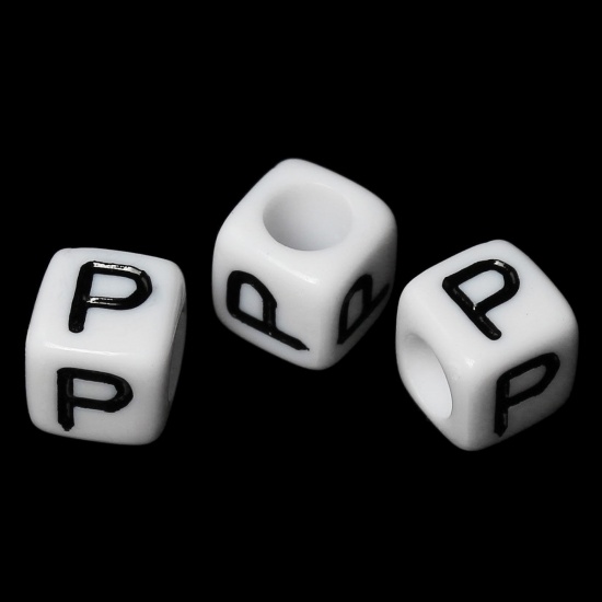 Picture of Acrylic Spacer Beads Cube White & Black Alphabet/ Letter "P" About 6mm x 6mm, Hole: Approx 3.5mm, 500 PCs