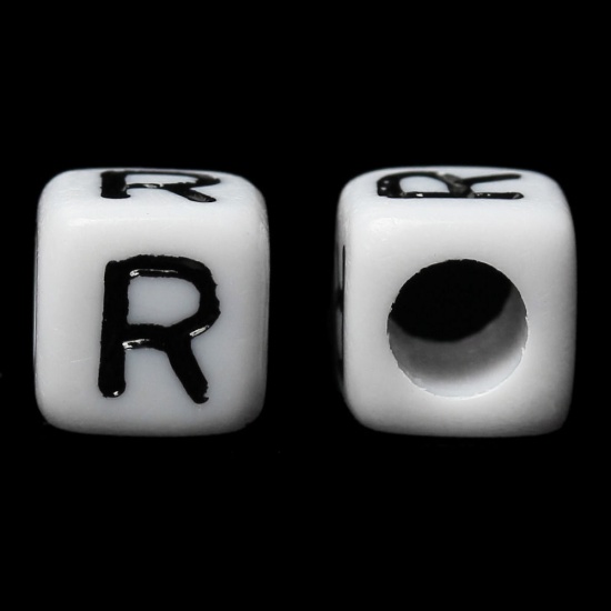 Picture of Acrylic Spacer Beads Cube White & Black Alphabet/ Letter "P" About 6mm x 6mm, Hole: Approx 3.5mm, 500 PCs