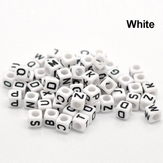 Picture of Acrylic Spacer Beads Cube White & Black Alphabet/ Letter "R" About 6mm x 6mm, Hole: Approx 3.5mm, 500 PCs