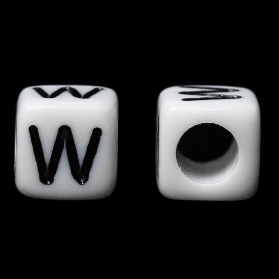 Picture of Acrylic Spacer Beads Cube White & Black Alphabet/ Letter "W" About 6mm x 6mm, Hole: Approx 3.5mm, 500 PCs