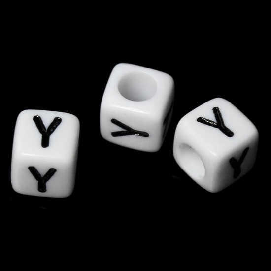 Picture of Acrylic Spacer Beads Cube White & Black Alphabet/ Letter "Y" About 6mm x 6mm, Hole: Approx 3.5mm, 500 PCs