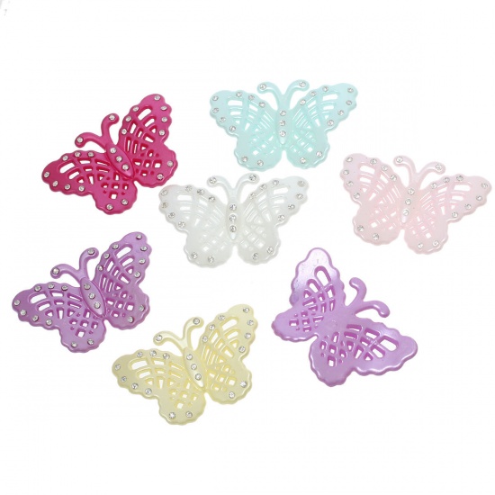 Picture of Acrylic Embellishments Findings Butterfly At Random Mixed Hollow With Clear Rhinestone 53.0mm(2 1/8") x 36.0mm(1 3/8"), 5 PCs