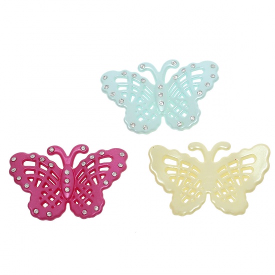 Picture of Acrylic Embellishments Findings Butterfly At Random Mixed Hollow With Clear Rhinestone 53.0mm(2 1/8") x 36.0mm(1 3/8"), 5 PCs
