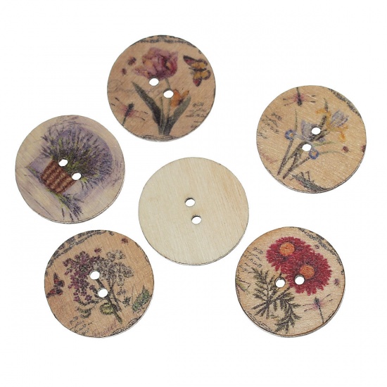 Picture of Wood Sewing Buttons Scrapbooking Round At Random Mixed 2 Holes Flower Pattern 25mm(1") Dia, 100 PCs