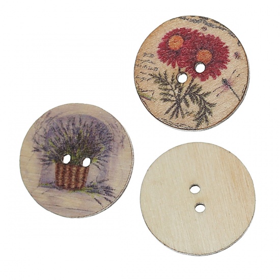 Picture of Wood Sewing Buttons Scrapbooking Round At Random Mixed 2 Holes Flower Pattern 25mm(1") Dia, 100 PCs