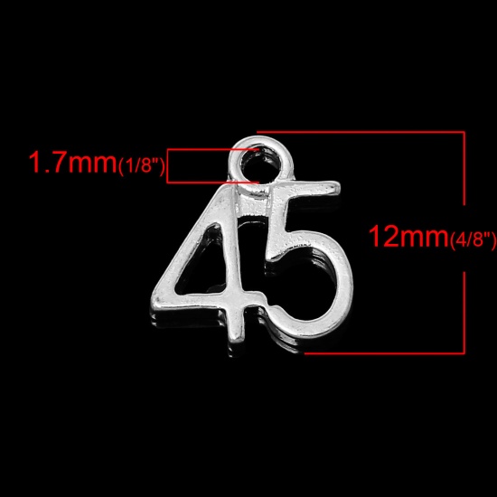 Bild von Zinklegierung Charm Anhänger Nummer Versilbert " 45 " 12mm x 11mm, 20 Stücke