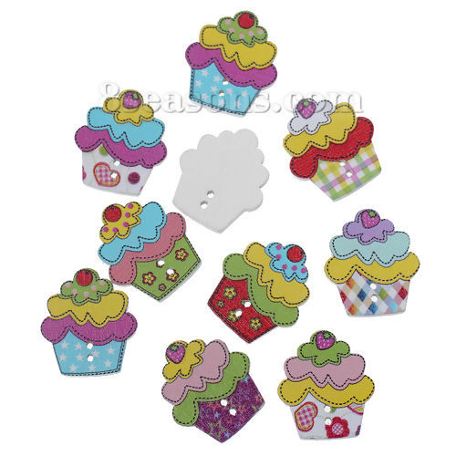 Picture of Wood Sewing Buttons Scrapbooking Cupcake At Random Mixed 2 Holes 25mm(1") x 22mm( 7/8"), 100 PCs