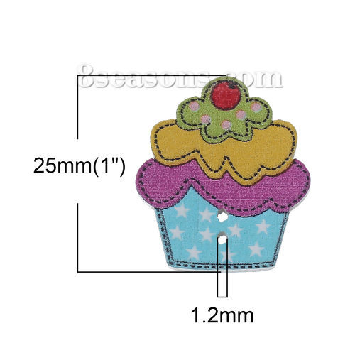 Picture of Wood Sewing Buttons Scrapbooking Cupcake At Random Mixed 2 Holes 25mm(1") x 22mm( 7/8"), 100 PCs