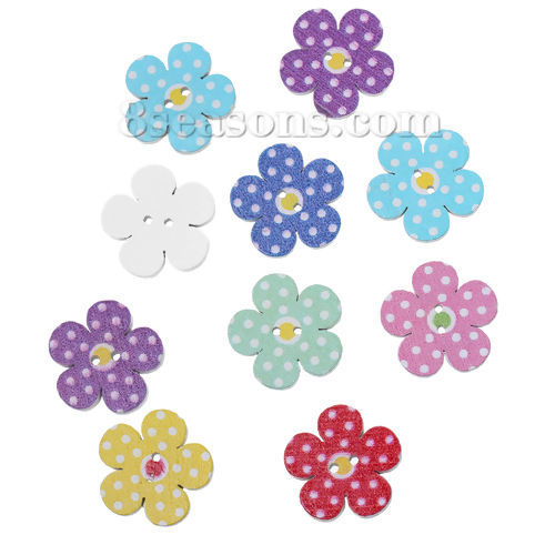 Picture of Wood Sewing Buttons Scrapbooking Flower At Random Mixed 2 Holes Dot Pattern 20mm( 6/8") x 20mm( 6/8"), 100 PCs