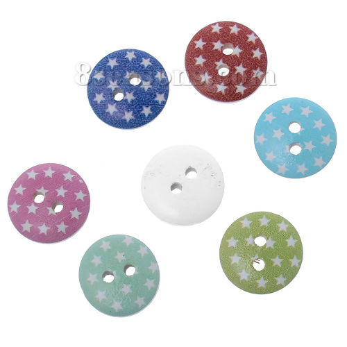 Picture of Wood Sewing Buttons Scrapbooking Round At Random Mixed 2 Holes Pentagram Star Pattern 15mm( 5/8") Dia, 200 PCs