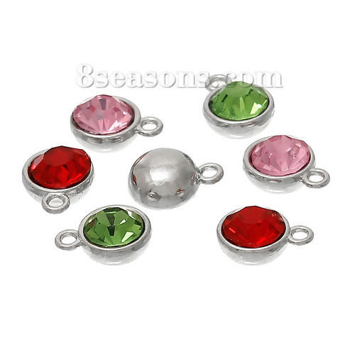 Picture of Zinc Metal Alloy Charm Pendants Round Silver Tone At Random Mixed Rhinestone 13mm( 4/8") x 10mm( 3/8"), 10 PCs