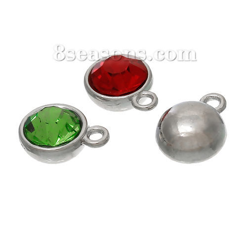 Picture of Zinc Metal Alloy Charm Pendants Round Silver Tone At Random Mixed Rhinestone 13mm( 4/8") x 10mm( 3/8"), 10 PCs