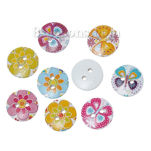 Picture of Wood Sewing Buttons Scrapbooking Round At Random Mixed 2 Holes Butterfly Flower Pattern 15mm( 5/8") Dia, 200 PCs