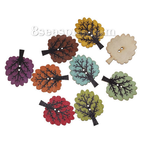 Picture of Wood Sewing Buttons Scrapbooking Tree At Random Mixed 2 Holes 32mm(1 2/8") x 25mm(1"), 50 PCs