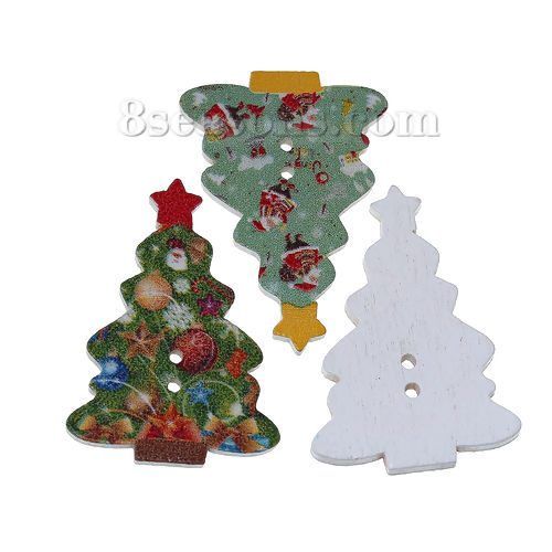 Picture of Wood Sewing Buttons Scrapbooking Christmas Tree At Random Mixed 2 Holes 35mm(1 3/8") x 25mm(1"), 50 PCs