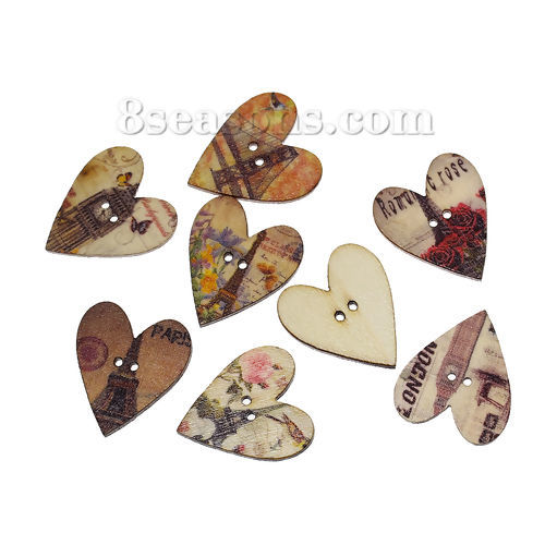 Picture of Wood Sewing Buttons Scrapbooking Heart At Random Mixed 2 Holes Eiffel Tower Building Pattern 28mm(1 1/8") x 25mm(1"), 50 PCs