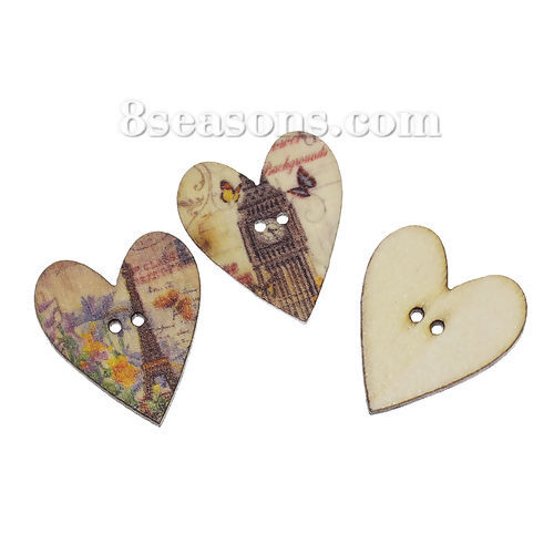Picture of Wood Sewing Buttons Scrapbooking Heart At Random Mixed 2 Holes Eiffel Tower Building Pattern 28mm(1 1/8") x 25mm(1"), 50 PCs