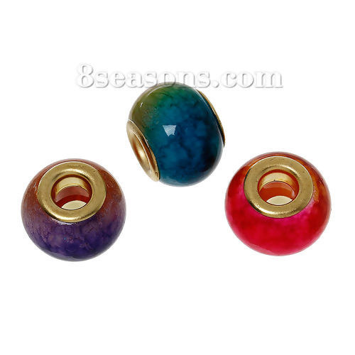 Picture of Glass European Style Large Hole Charm Beads Drum At Random Mixed Multicolor Gold Plated Core About 15mm x 11mm, Hole: Approx 5mm, 10 PCs