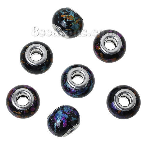 Picture of Glass European Style Large Hole Charm Beads Drum Black At Random Mixed Silver Plated Core Pattern About 15mm x 11mm, Hole: Approx 5mm, 10 PCs