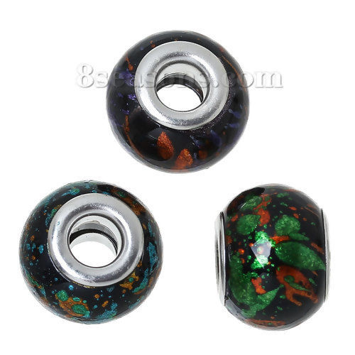 Picture of Glass European Style Large Hole Charm Beads Drum Black At Random Mixed Silver Plated Core Pattern About 15mm x 11mm, Hole: Approx 5mm, 10 PCs