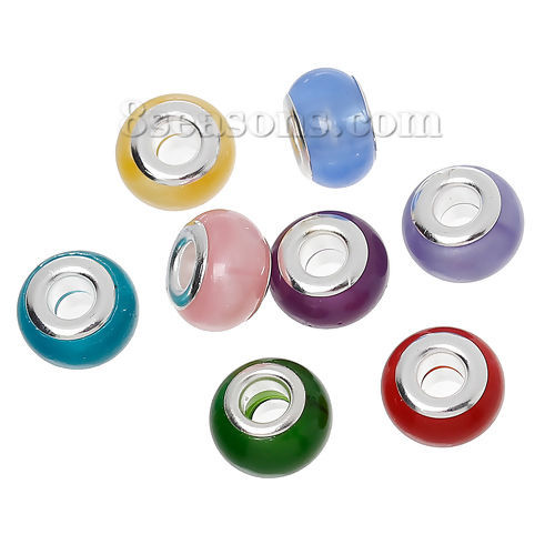 Picture of Resin European Style Large Hole Charm Beads Drum At Random Mixed Silver Plated Core About 14mm x 9mm, Hole: Approx 5mm, 10 PCs