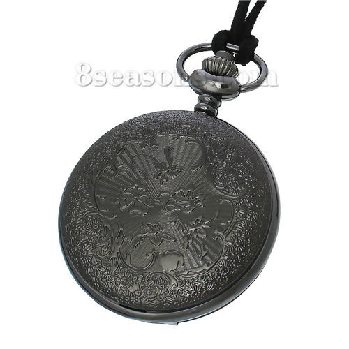 Picture of PU Cord Pocket Watches Round At Random Flower Hollow Carved Battery Included 42.2cm(16 5/8") long, 1 Piece