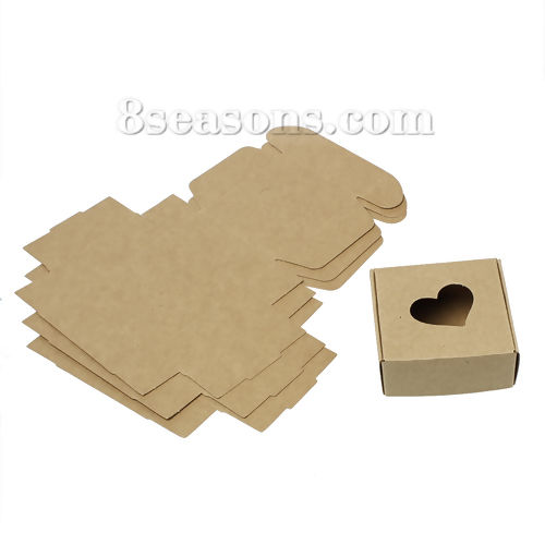 Picture of Paper Jewelry Gift Wrapping Boxes Light Brown Heart Pattern 7.5cm(3") x 7.5cm(3"), 10 PCs